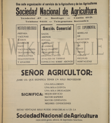 Aviso de La Sociedad Nacional de Agricultura en El Mercurio de Santiago, 4 de enero 1937.